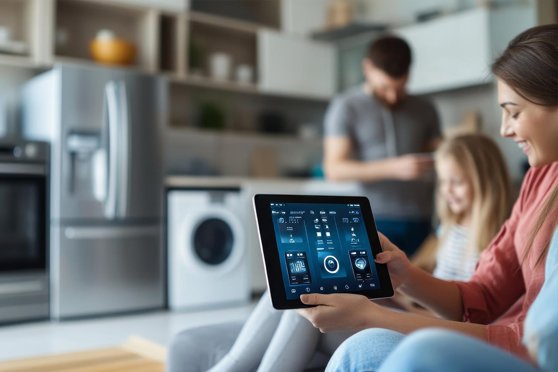 Family using a tablet to control home appliances in a modern kitchen setting.