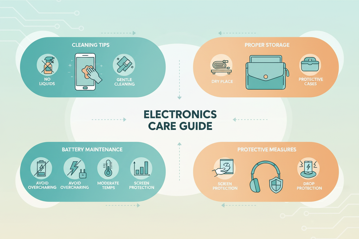Visual guide for electronics care tips including cleaning, storage, battery maintenance, and protective measures.
