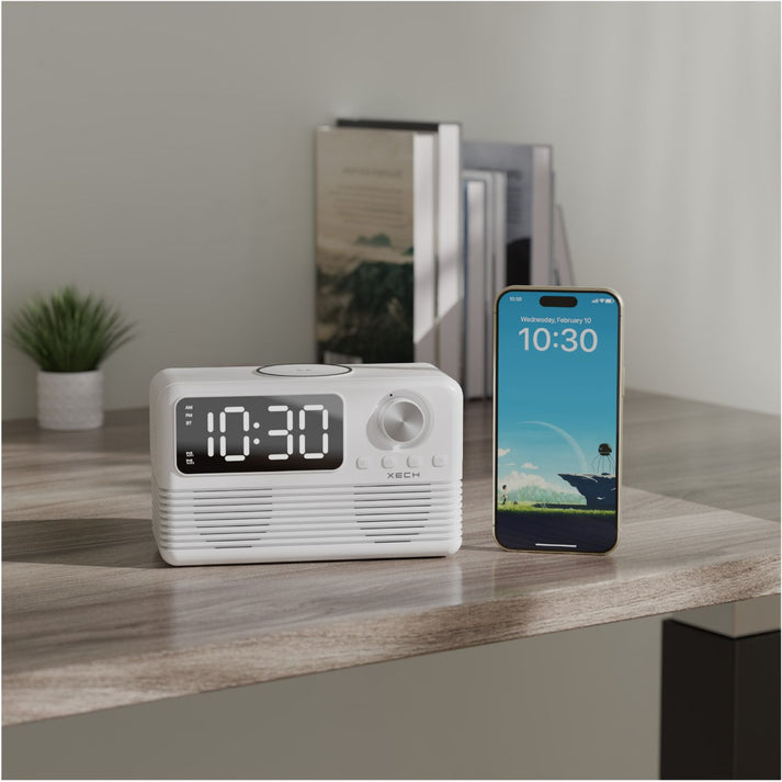 #Color_White_Xech EON Max Retro Alarm Clock Speaker with 15W Wireless Charger and Bluetooth
