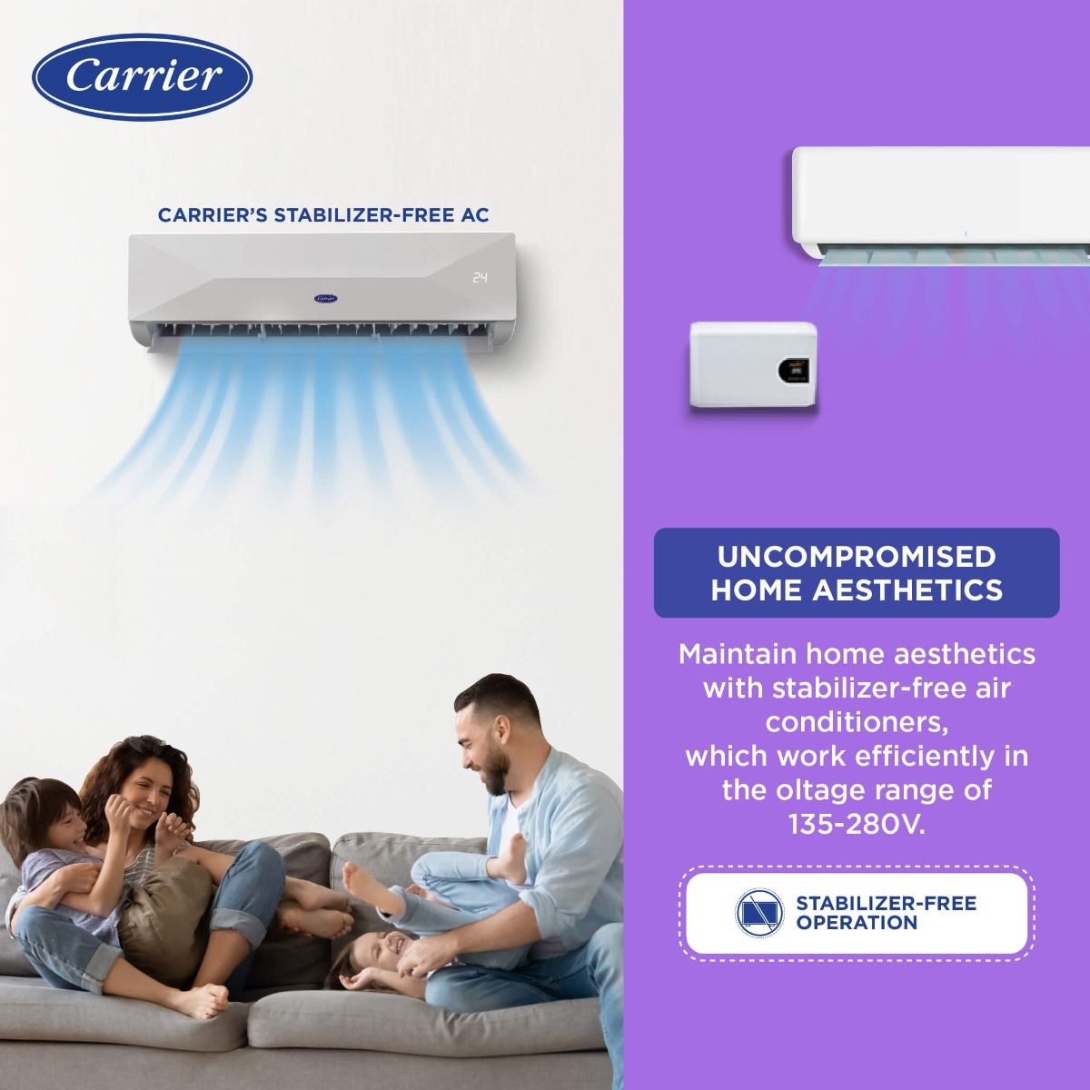 Carrier 1.5 Ton 3 Star Fixed Speed Split AC (Copper- HD Filter & Auto Cleanser- 2024 Model- Xtreme EDGE+ Ex- CAS18XE3R33F0- White)