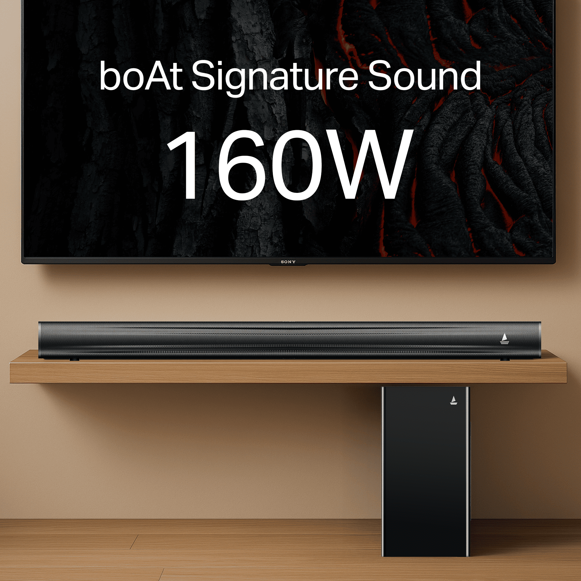 boAt Aavante Aura Plus soundbar with 160W output displayed beneath a TV, showcasing boAt Signature Sound.