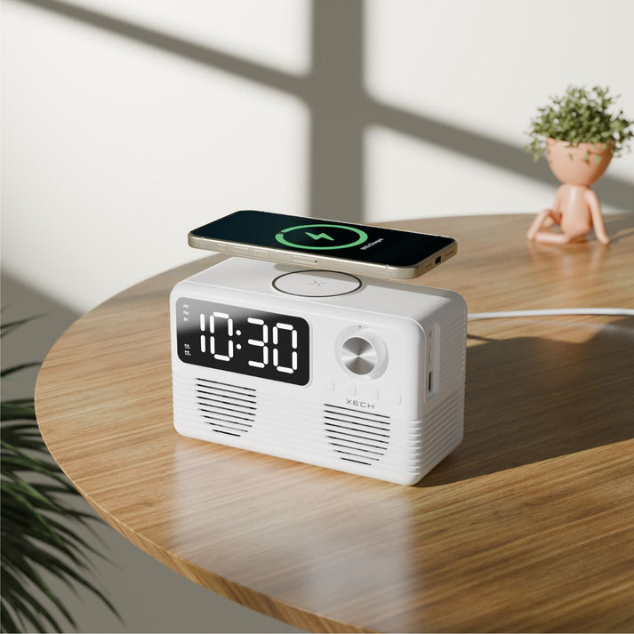 #Color_White_Xech EON Max Retro Alarm Clock Speaker with 15W Wireless Charger and Bluetooth