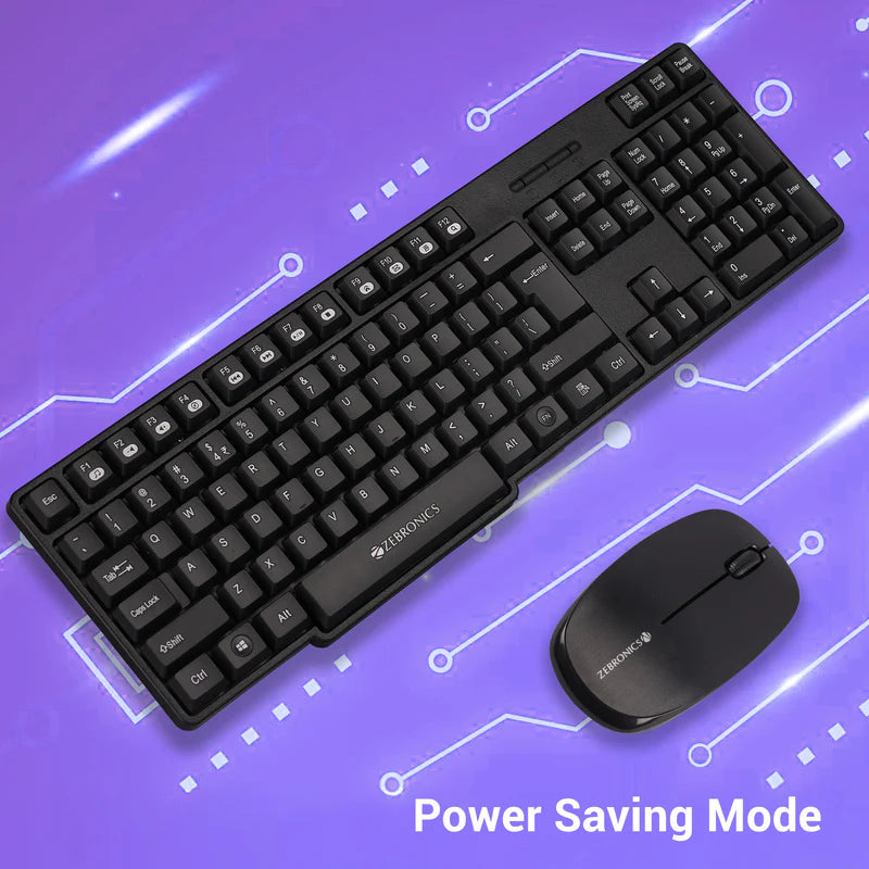 Zebronics Companion 115 Keyboard Combo on a purple background highlighting power saving mode features.