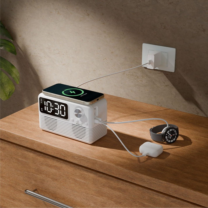 #Color_White_Xech EON Max Retro Alarm Clock Speaker with 15W Wireless Charger and Bluetooth