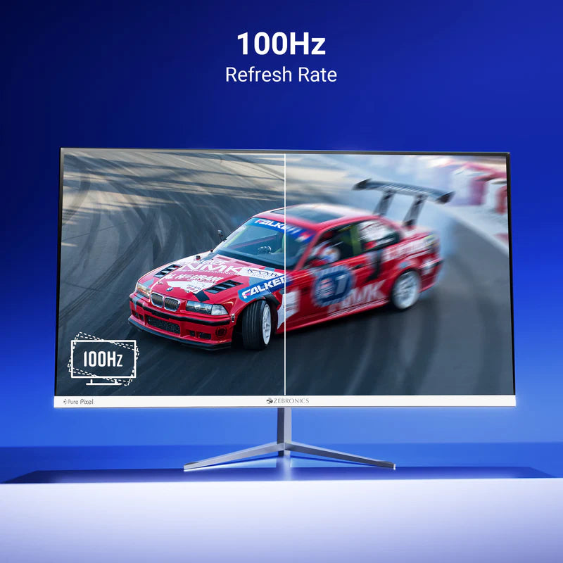 100Hz Refresh Rate feature on Zebronics A27FHD 27 inch LED Monitor with dynamic racing car image.
