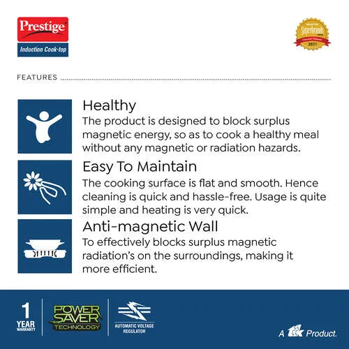 Prestige Xpress 1200W Induction Cooktop best of 2026 features chart showing healthy cooking, easy maintenance and anti-magnetic wall