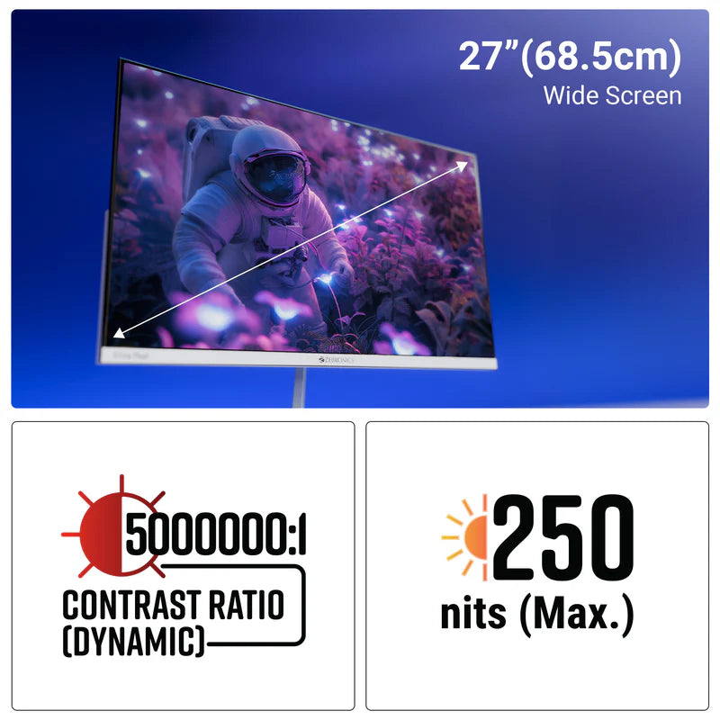 Zebronics A27FHD 27 inch LED Monitor display showing wide screen specs and high contrast ratio.