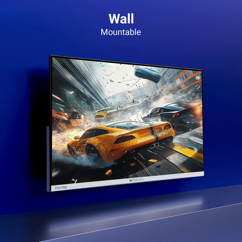 Zebronics A27FHD 27 inch LED Monitor displayed on a wall with racing game visuals.