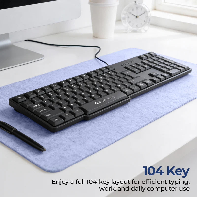 Zebronics K65 USB keyboard with UV coated keys and retractable stand