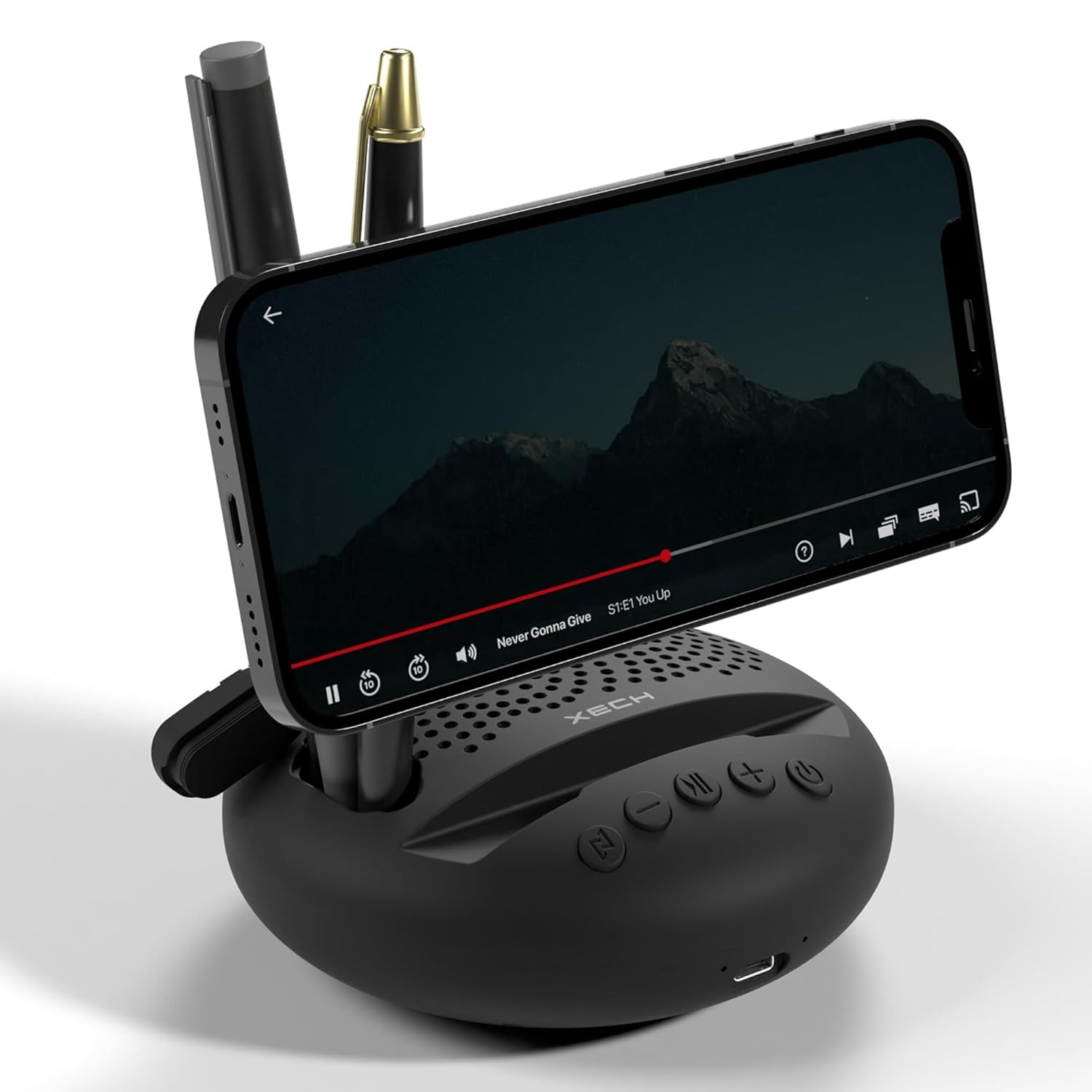 Xech Wireless Mini Speaker with phone holder and smartphone displaying a video.