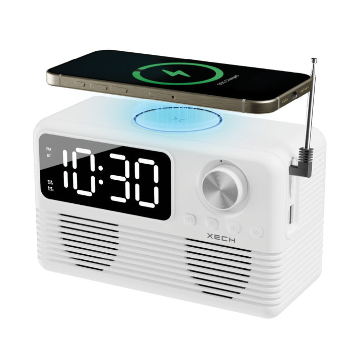 #Color_White_Xech EON Max Retro Alarm Clock Speaker with 15W Wireless Charger and Bluetooth