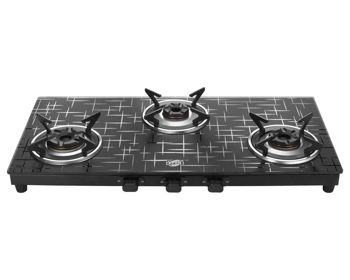 Jyoti 327 Sparkle 3D Tornado Gas Stove featuring three burners and a stylish matte finish glass top.