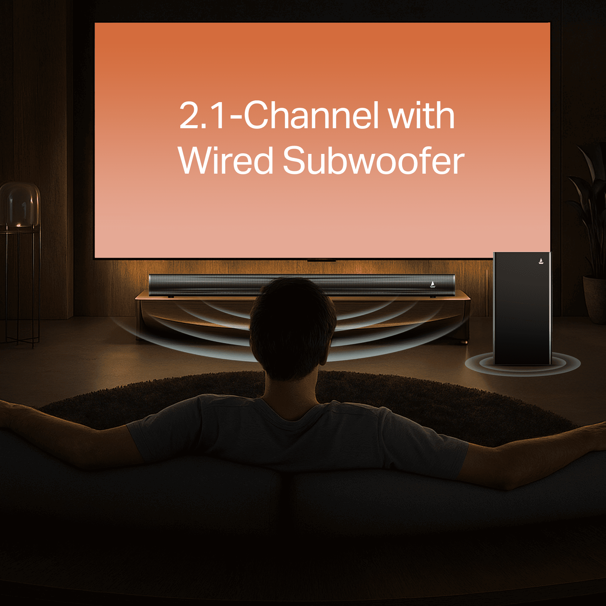 boAt Aavante Aura Plus soundbar showing 2.1-Channel setup with Wired Subwoofer in a modern living room.