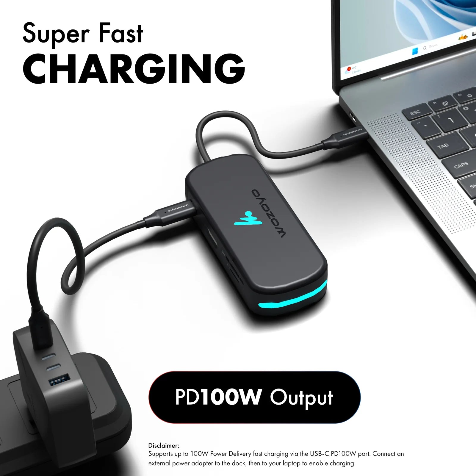 WOZOYO 7-in-1 USB Type-C Docking Station with super fast charging and PD100W output connected to a laptop.