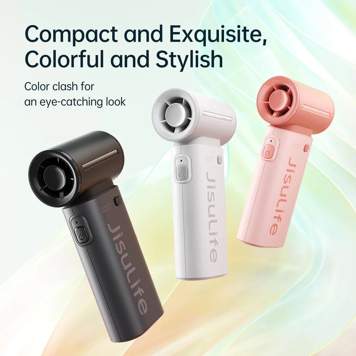 JISULIFE Handheld Fan Life9 portable turbo handheld fan in grey, white and pink, compact stylish design, 5000mAh