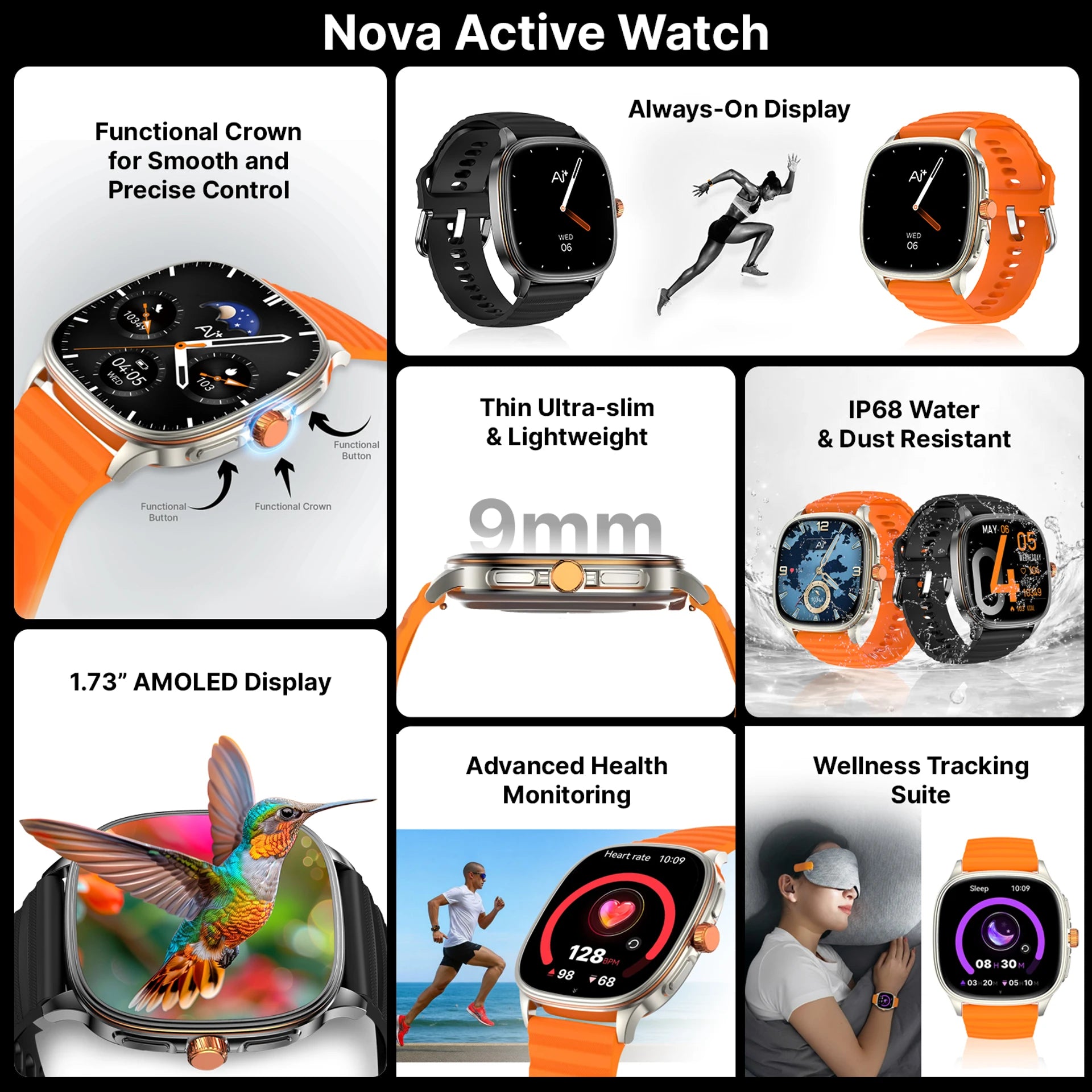 AI+ NovaWatch Active Bright Orange Smartwatch