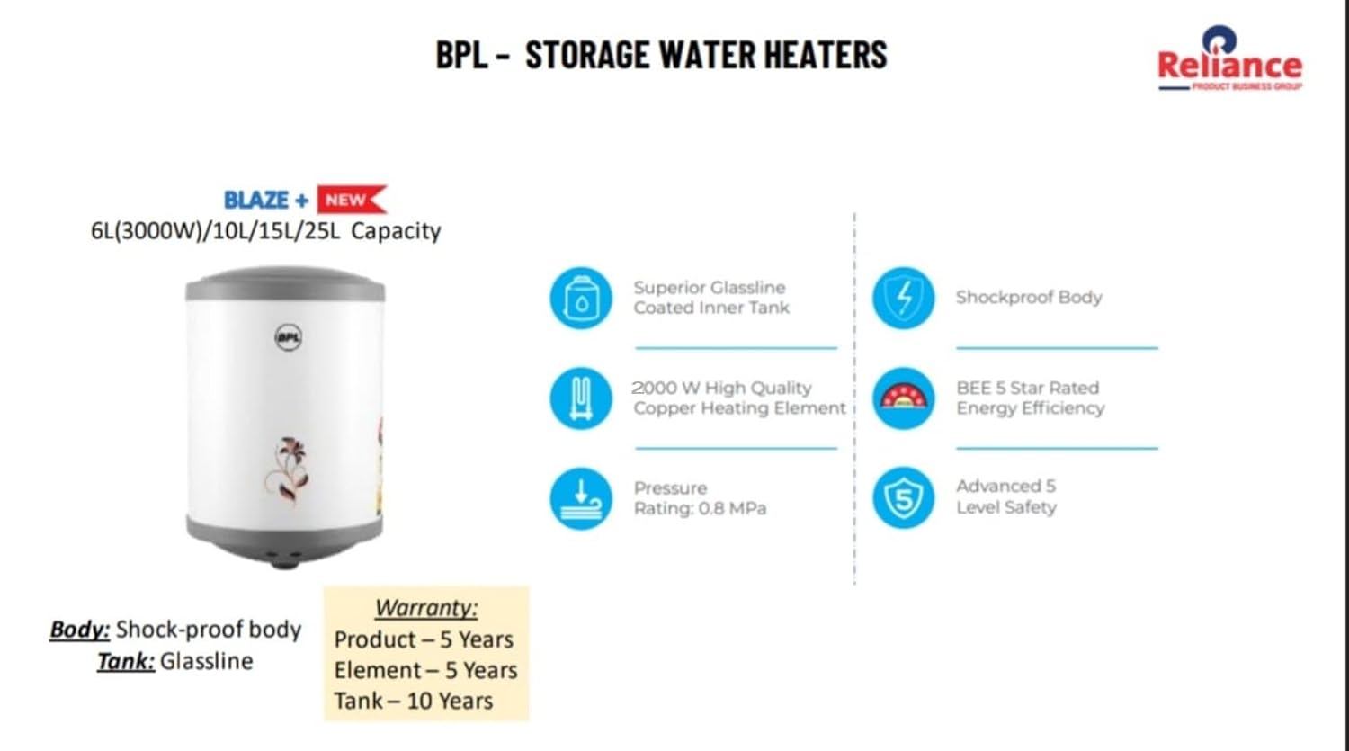BPL 10l Storage Water Geyser Glass line Coated Tank Advanced 4 Level Safety Shockproof Body 10 years tank & 5 years product warranty For a BPL Water Heater(BSWHPP10L2KW5SGL)