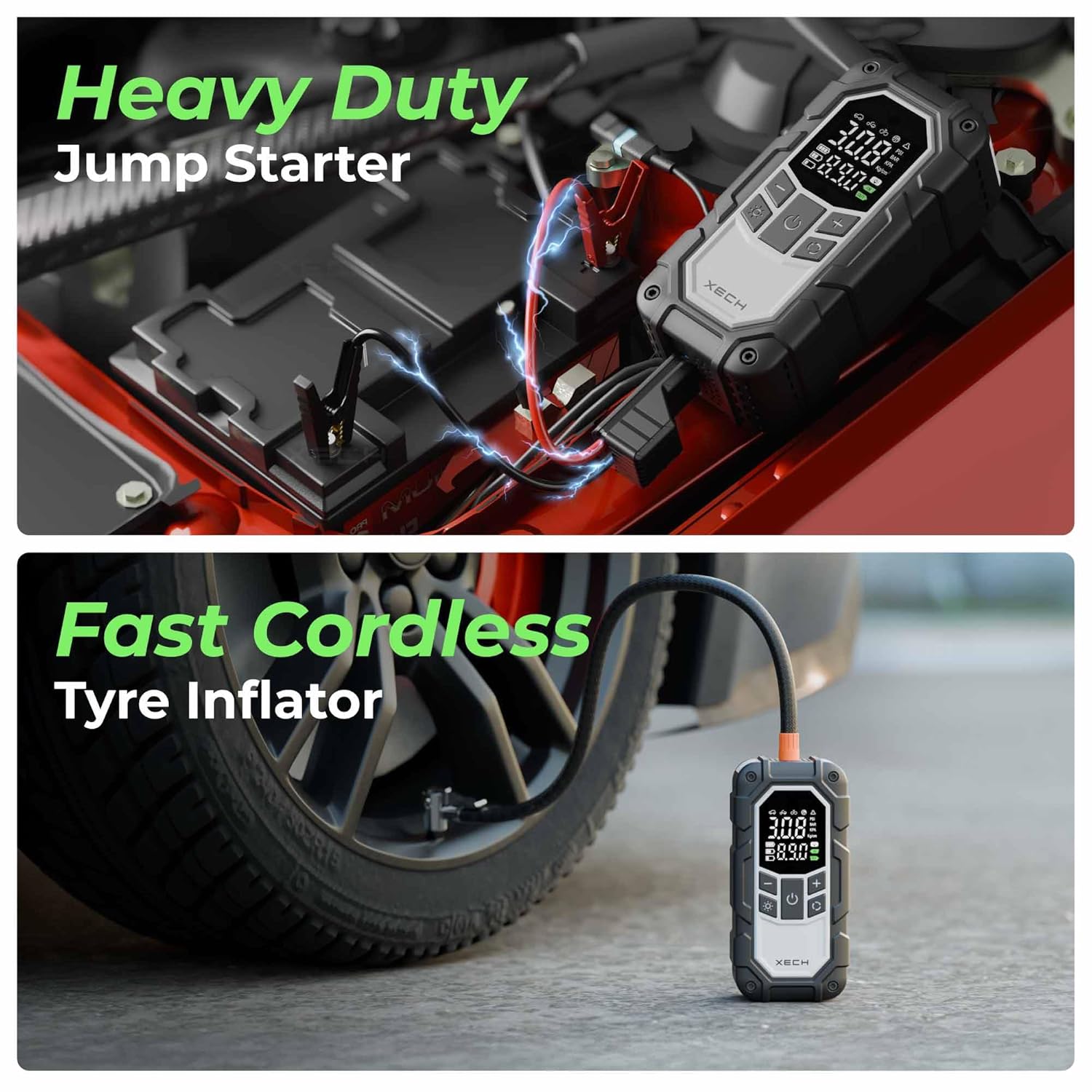 XECH Heavy Duty Jump Starter with Cordless Tyre Inflator | 800A Peak Jump Starter for 4.0L Petrol & 2.0L Diesel Cars | 150 PSI Car & Bikes Pump | Portable Air Compressor with Light (JumpX)