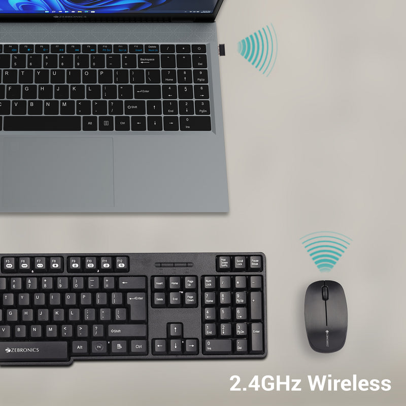 Zebronics Companion 115 Keyboard Combo showcasing wireless connectivity with a laptop and mouse.