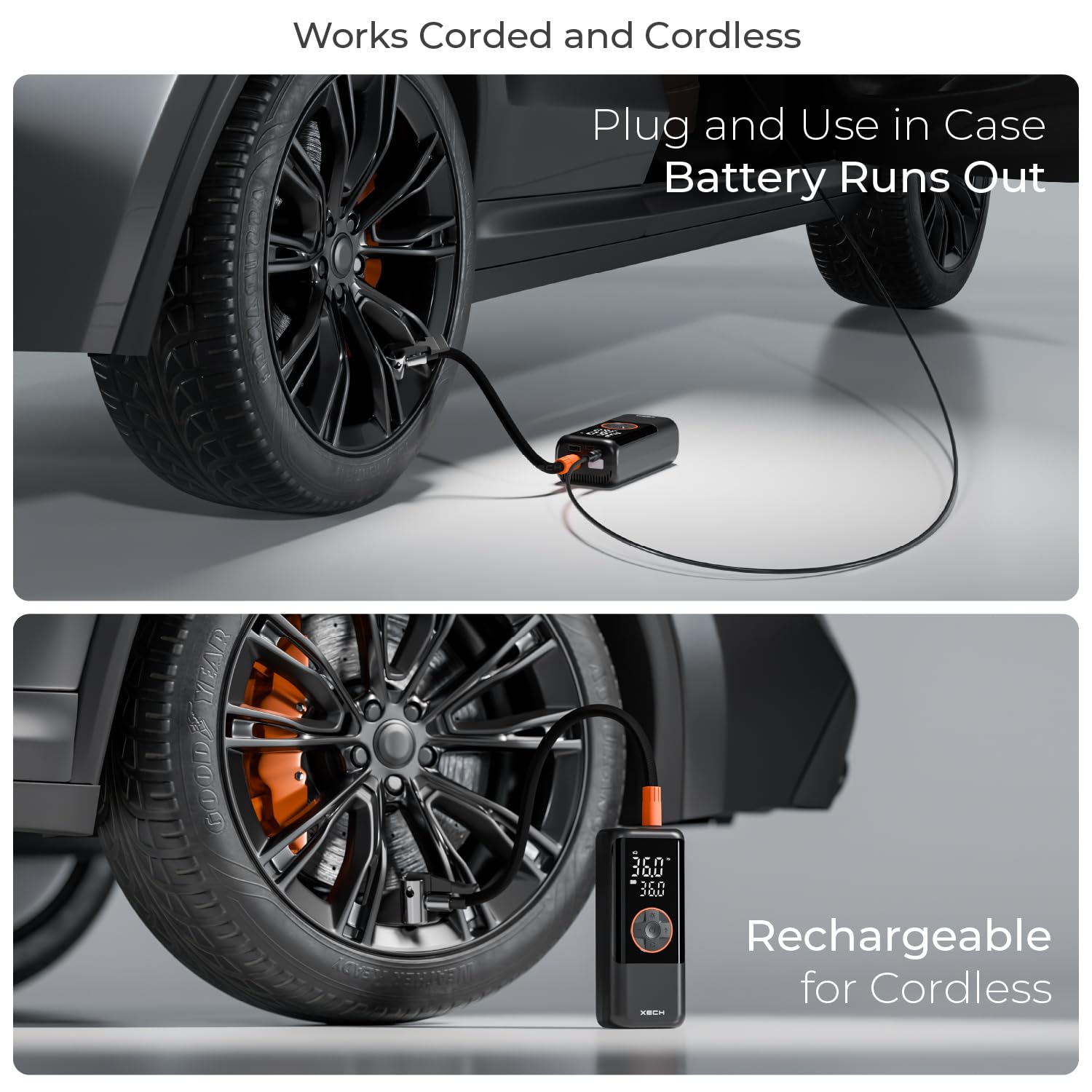 XECH Cordless Tyre inflator, for Cars & Bikes, Upto 150 PSI, Cordless, Emergency LED Flash Light, Digital Display, Multiple Nozzles Attachments (Inflate XL)