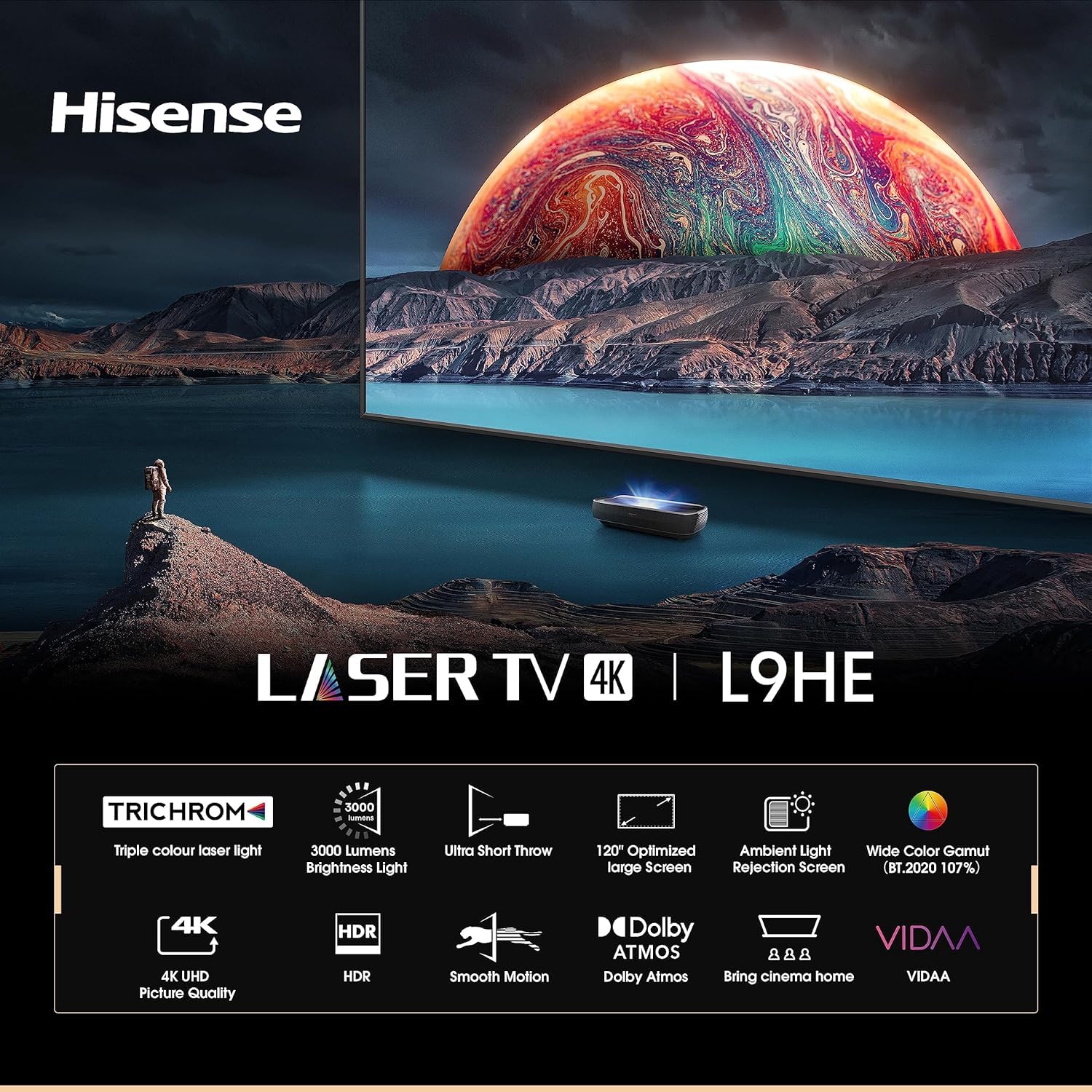 Hisense 305 cm (120 inches) Trichrom ALR Screen Series 4K Ultra HD Smart Laser TV 120L9HE (Black) With 2 Year Warranty
