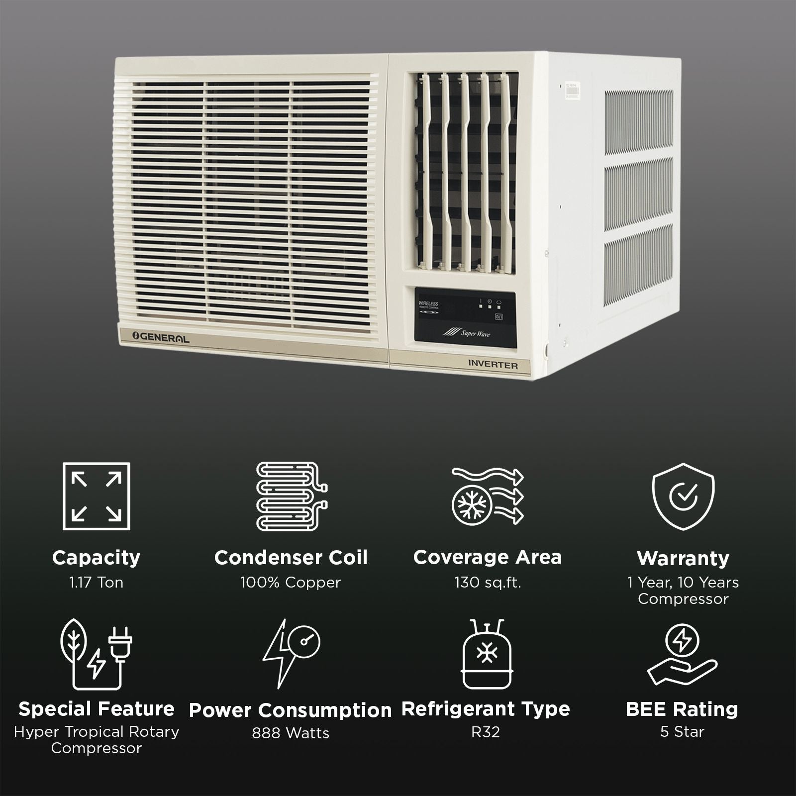 O GENERAL Hyper Tropical 1.2 Ton 4 Star Inverter Window AC