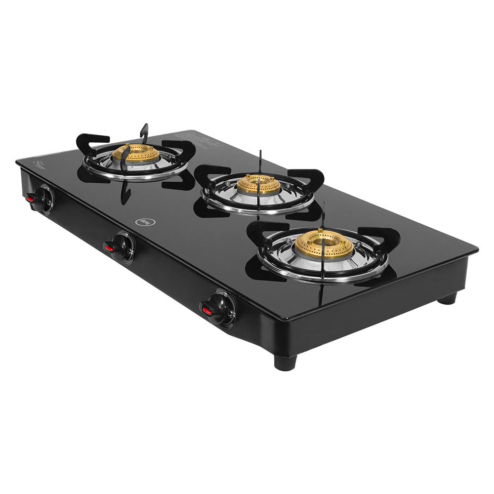 BPL Glass Top 3-Burner Gas Stove with Toughened Glass Top, Brass Burner & Valve, Nylon Base Knobs, 2 Years Warranty