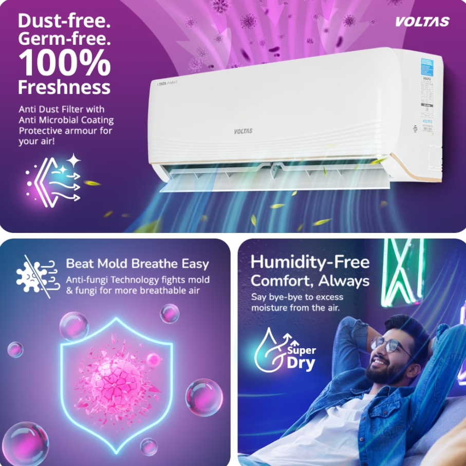 Voltas AC 1.5 Ton 3 Star Inverter Split β Vertis AI (Zest Gold)
