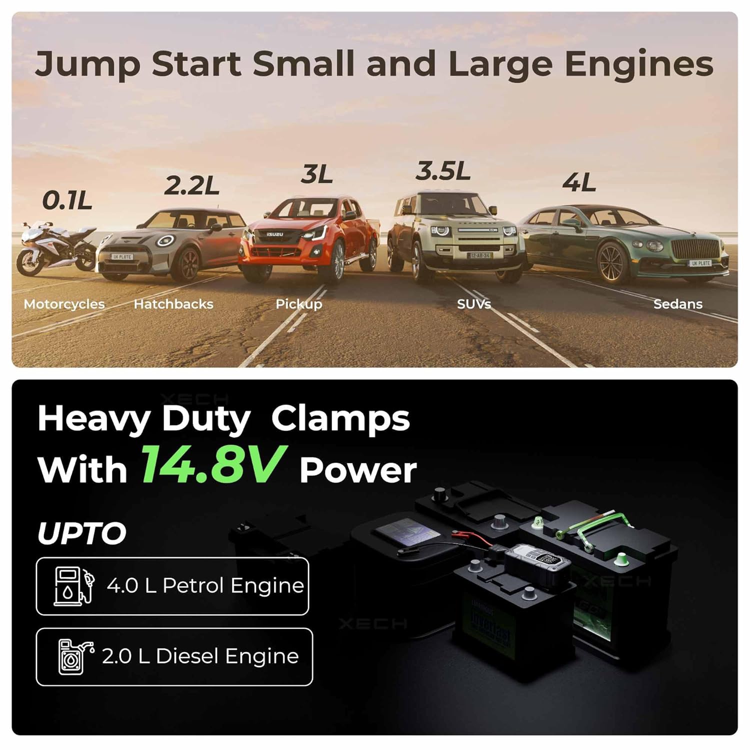 XECH Heavy Duty Jump Starter with Cordless Tyre Inflator | 800A Peak Jump Starter for 4.0L Petrol & 2.0L Diesel Cars | 150 PSI Car & Bikes Pump | Portable Air Compressor with Light (JumpX)