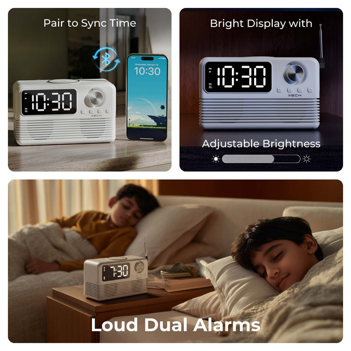 #Color_White_Xech EON Max Retro Alarm Clock Speaker with 15W Wireless Charger and Bluetooth