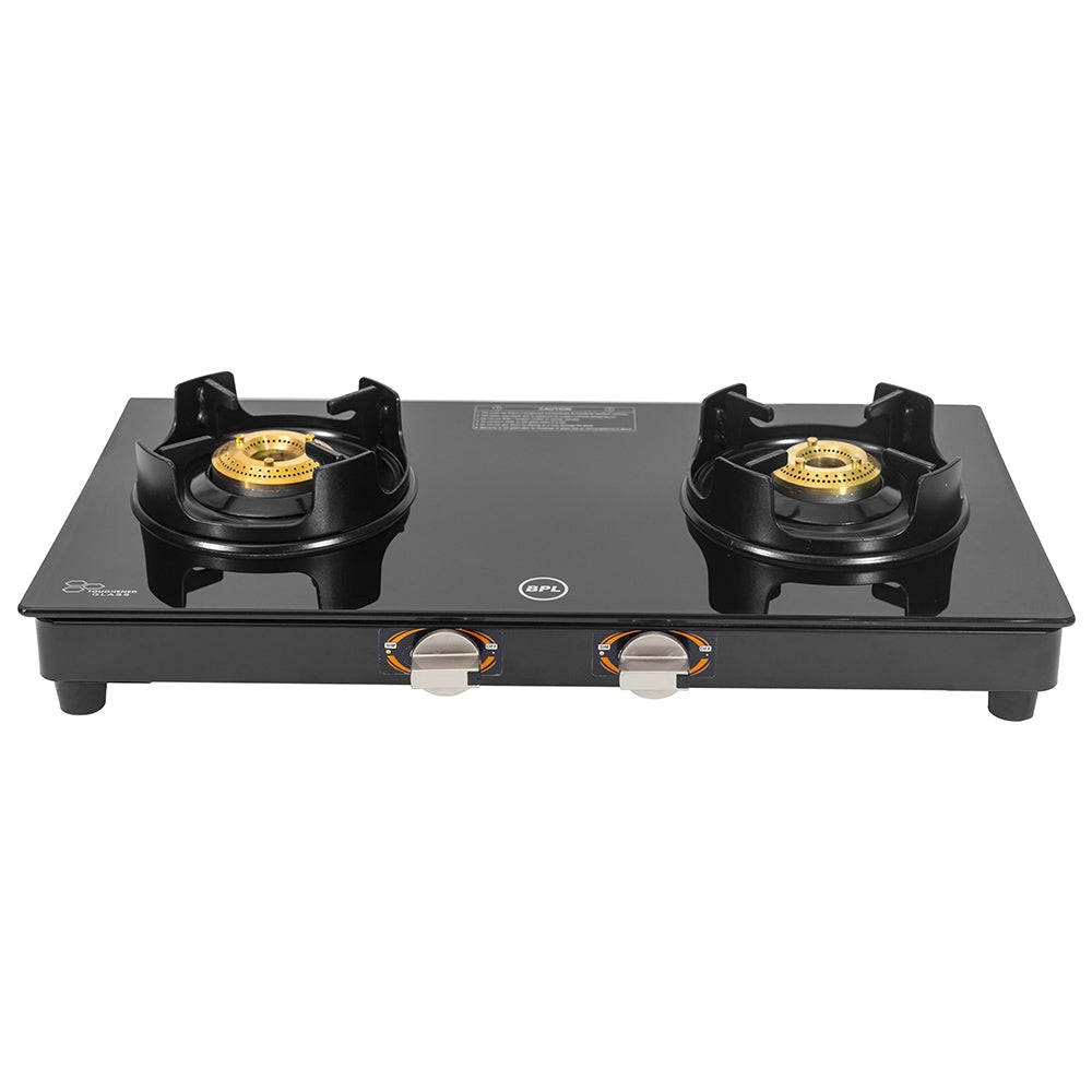 BPL Slim Glass Top 2 Burner Gas Stove BGSGTS0042B, Metal Knobs