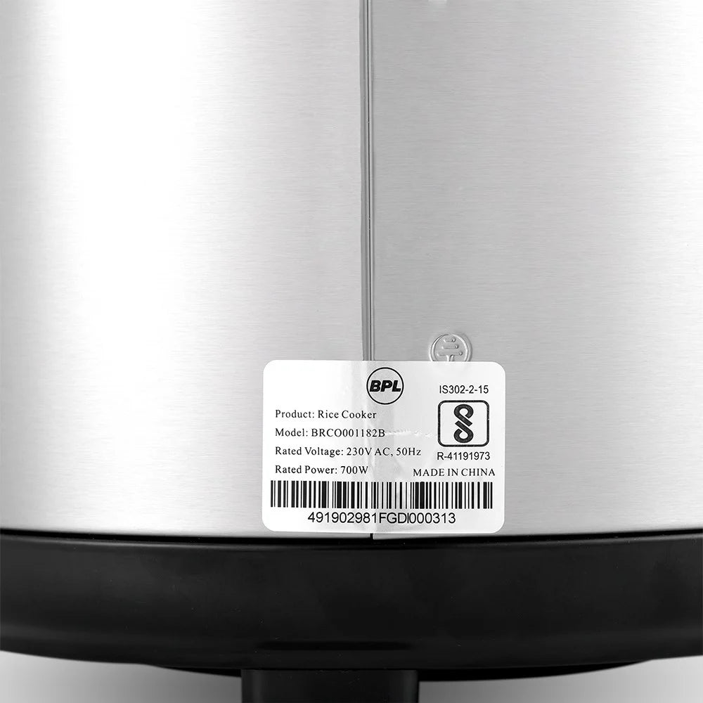 Stainless Steel BPL 1.8 ltr rice cooker BRCO001182B 700 watt, Number of Trays/Plates: 1 Plate