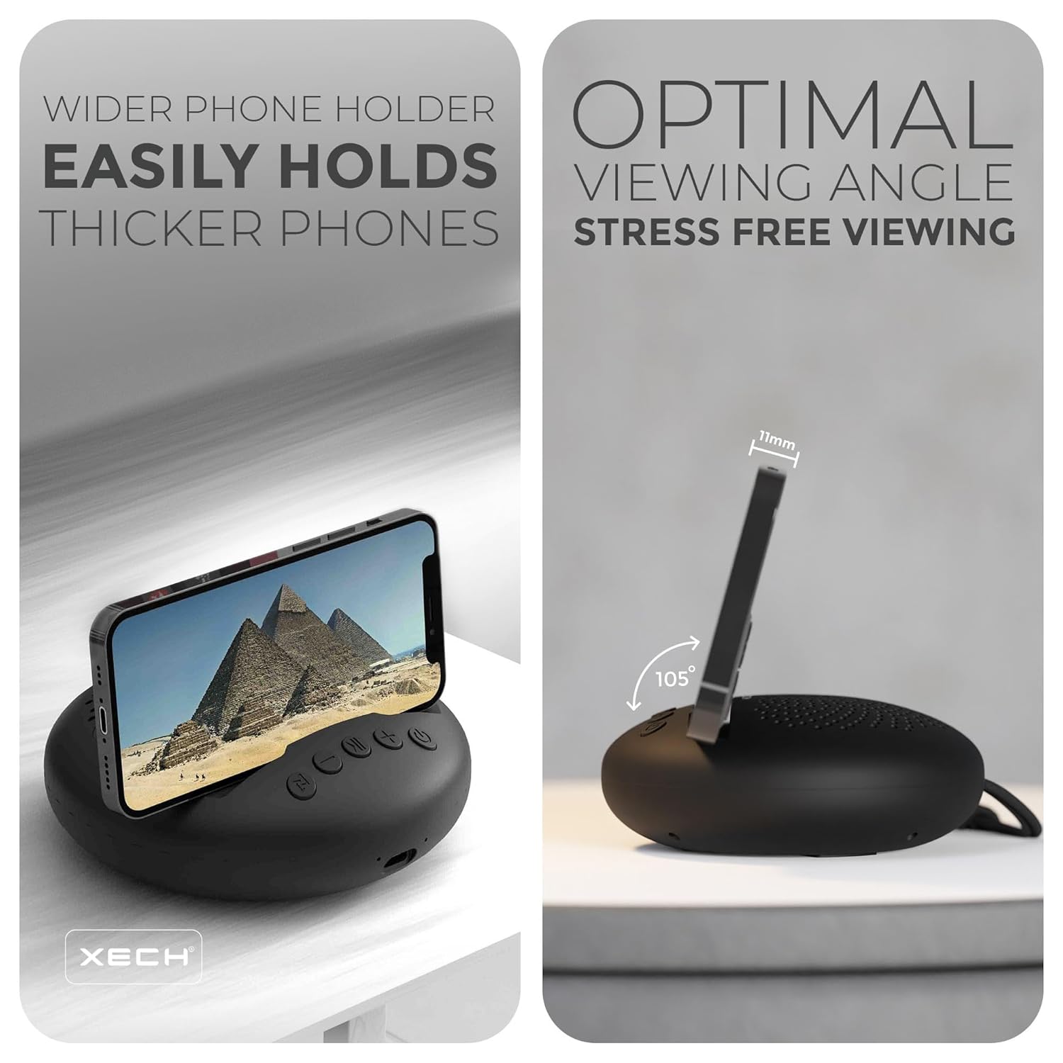 Xech wireless mini speaker with wider phone holder for thicker phones and optimal viewing angle