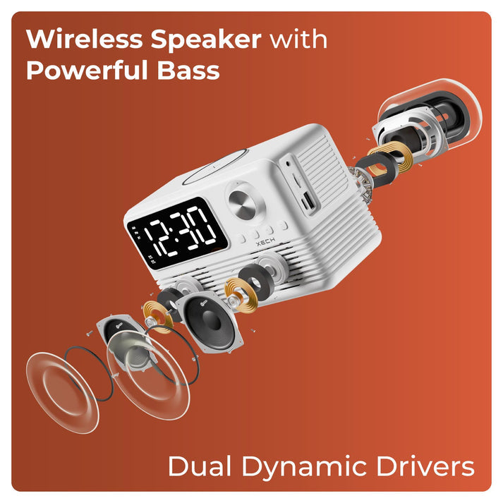 #Color_White_Xech EON Max Retro Alarm Clock Speaker with 15W Wireless Charger and Bluetooth