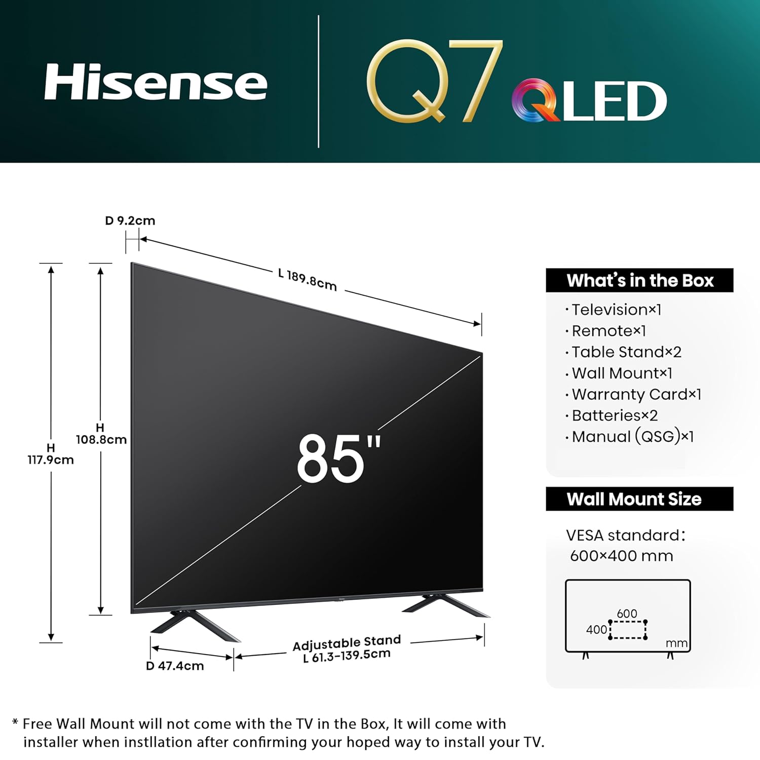 Hisense 215 cm (85 inches) Q7N Series 4K Ultra HD Smart QLED TV 85Q7N (Dark Grey) With 3 Year Warranty