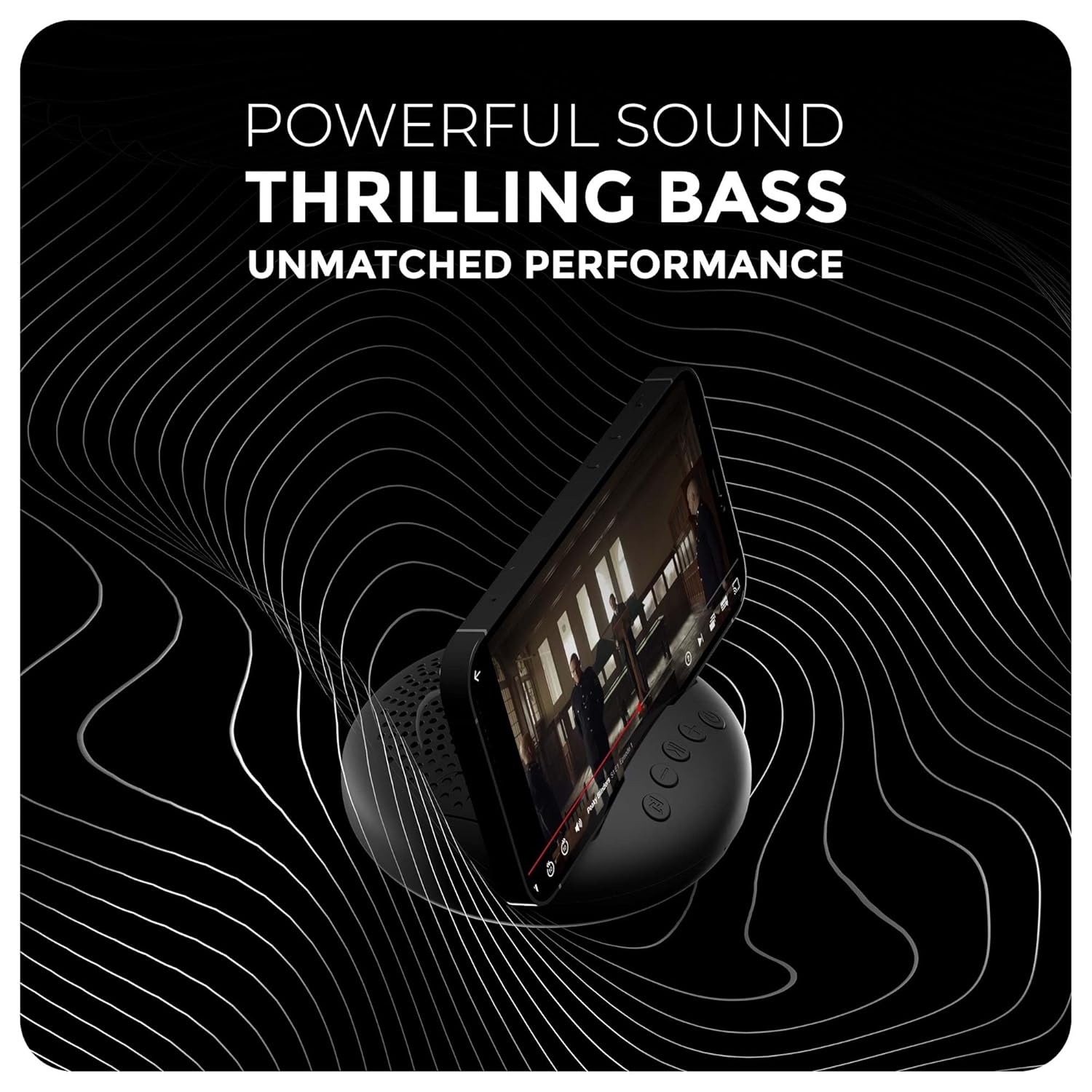 Xech Wireless Mini Speaker showcasing powerful sound, thrilling bass, and unmatched performance with phone holder feature.