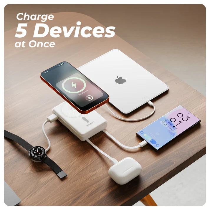 XECH X-Charge MAG PRO charging multiple devices on a desk, showcasing its convenience and capability.