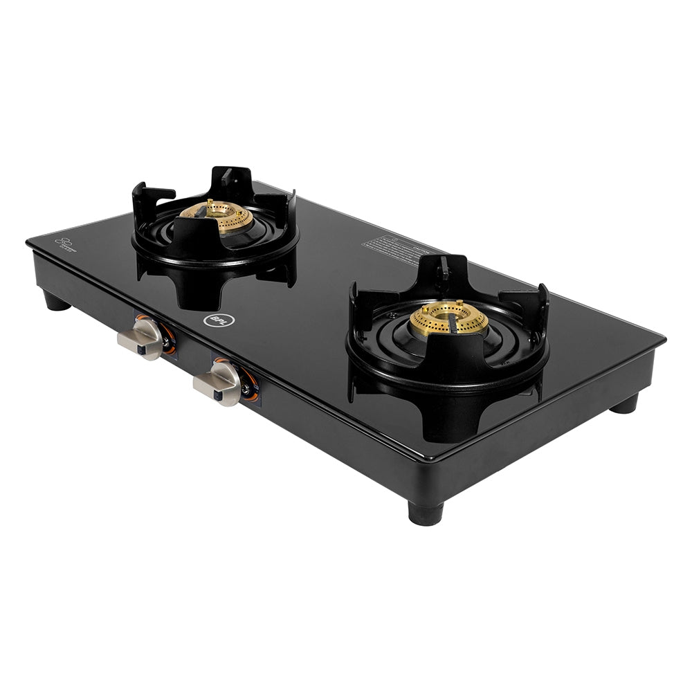 BPL Slim Glass Top 2 Burner Gas Stove BGSGTS0042B, Metal Knobs