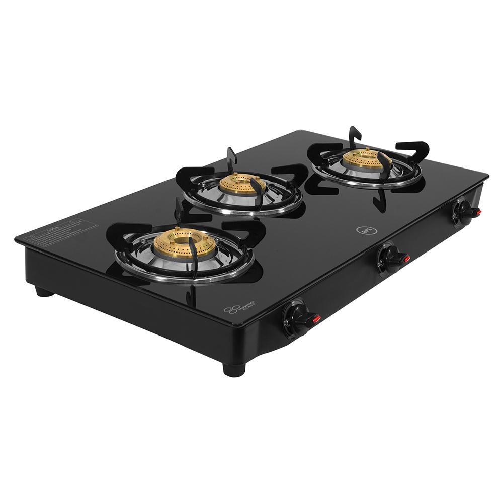 BPL Glass Top 3-Burner Gas Stove with Toughened Glass Top, Brass Burner & Valve, Nylon Base Knobs, 2 Years Warranty