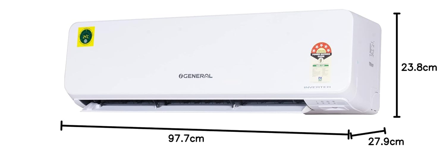 O'General 1 Ton 5-Star Inverter AC Efficient & Tropical side view with dimensions 97.7cm x 27.9cm x 23.8cm.