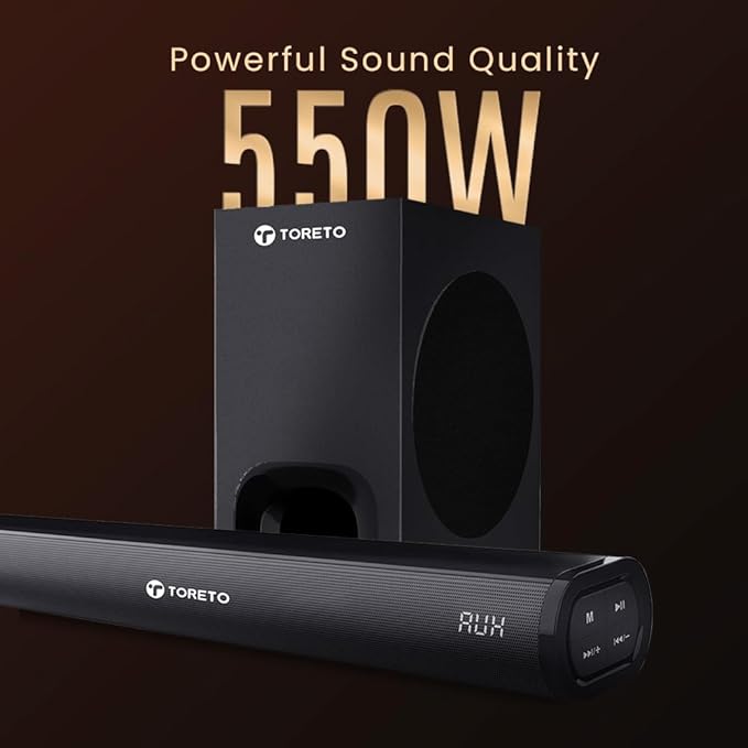 Toreto Harmony Boom 550W Dolby Digital Audio Soundbar 5.1 Channel Home Theater with subwoofer and Satellite Speakers, HDMI, Opt, AUX, USB & Bluetooth, 3 Equalizer Modes, LED Display (Black)