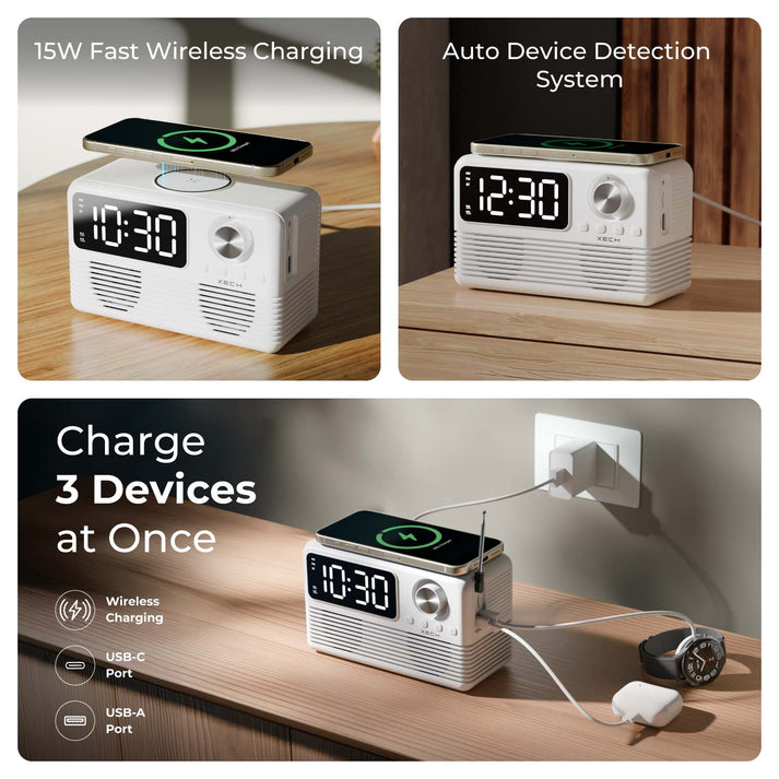 #Color_White_Xech EON Max Retro Alarm Clock Speaker with 15W Wireless Charger and Bluetooth