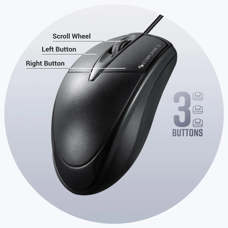 Zebronics Zeb-Byte Wired USB Optical Mouse | 3 Button Compact Mouse for Laptop & PC