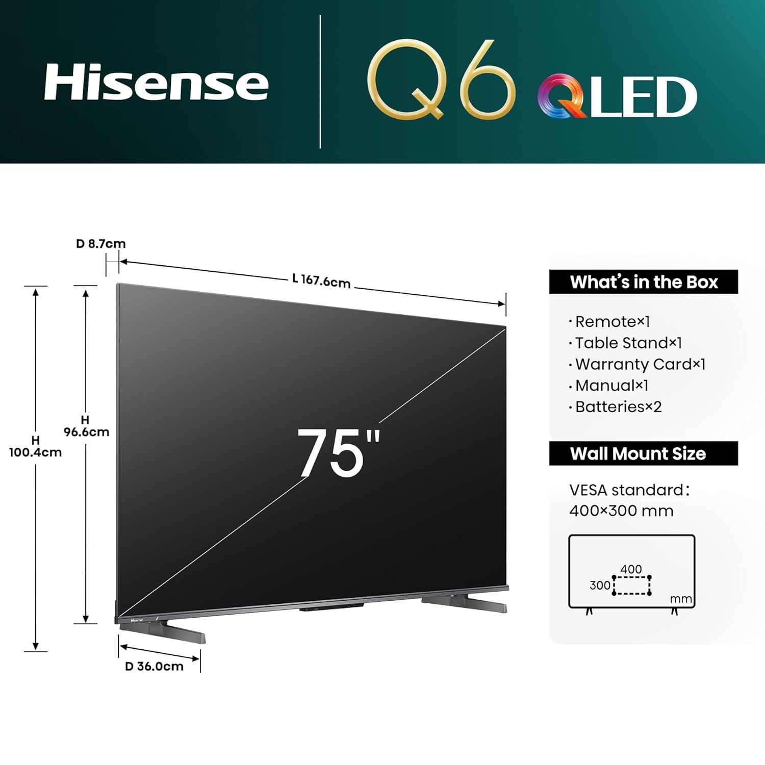 Hisense 189 cm (75 inches) Q6N Series 4K Ultra HD Smart Google QLED TV (Grey) With 3 Year Warranty