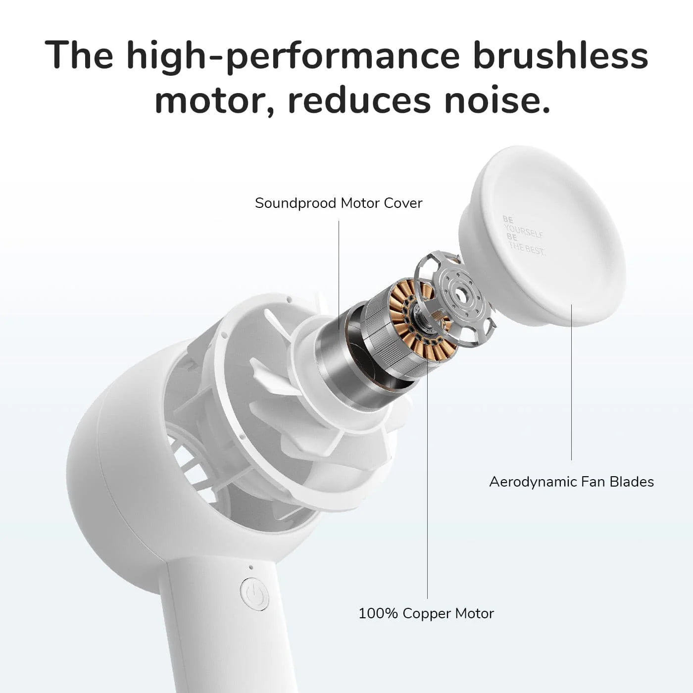 JISULIFE Handheld Fan Life5 L Brown 4500mAh diagram showing brushless copper motor, soundproof cover, and aerodynamic fan blades