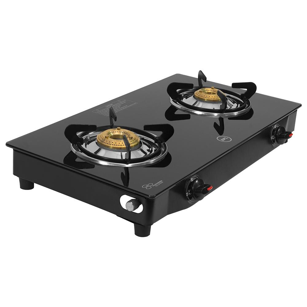 BPL Glass Top 2-Burner Gas Stove with Toughened Glass Top, Brass Burner & Valve, Nylon Base Knobs, 2 Years Warranty
