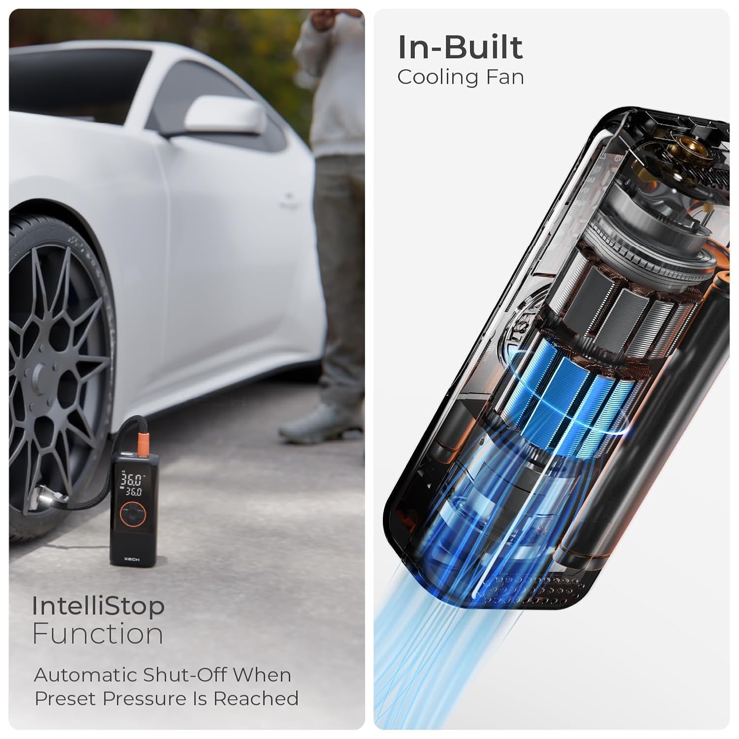 XECH Cordless Tyre inflator, for Cars & Bikes, Upto 150 PSI, Cordless, Emergency LED Flash Light, Digital Display, Multiple Nozzles Attachments (Inflate XL)