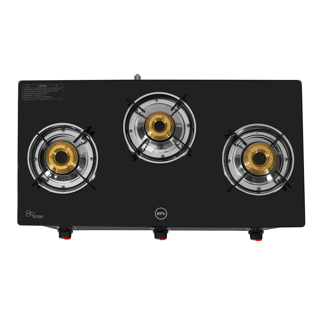 BPL Glass Top 3-Burner Gas Stove with Toughened Glass Top, Brass Burner & Valve, Nylon Base Knobs, 2 Years Warranty