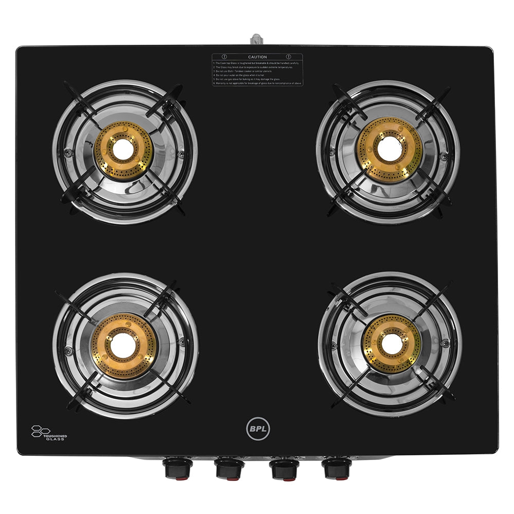 BPL BGSGTR2334BE 4-Burner Glass Top Gas Stove, Brass Burners