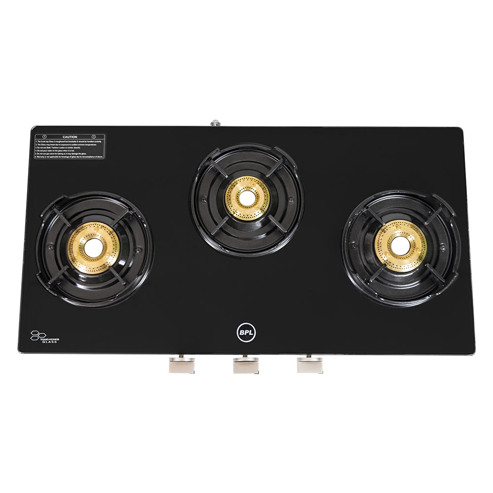 BPL BGSGTS0053B Slim Glass Top 3-Burner Gas Stove, Metal Knobs